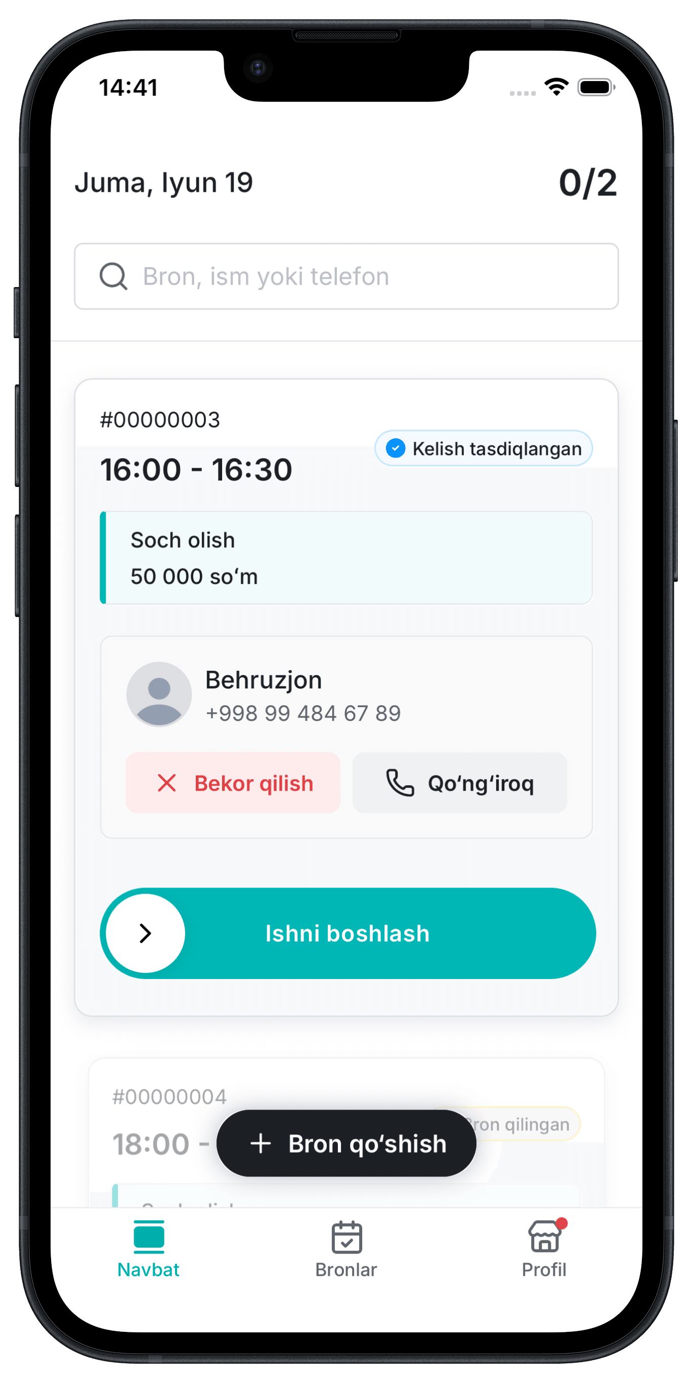 Xizmat business dashboard - asosiy ekran