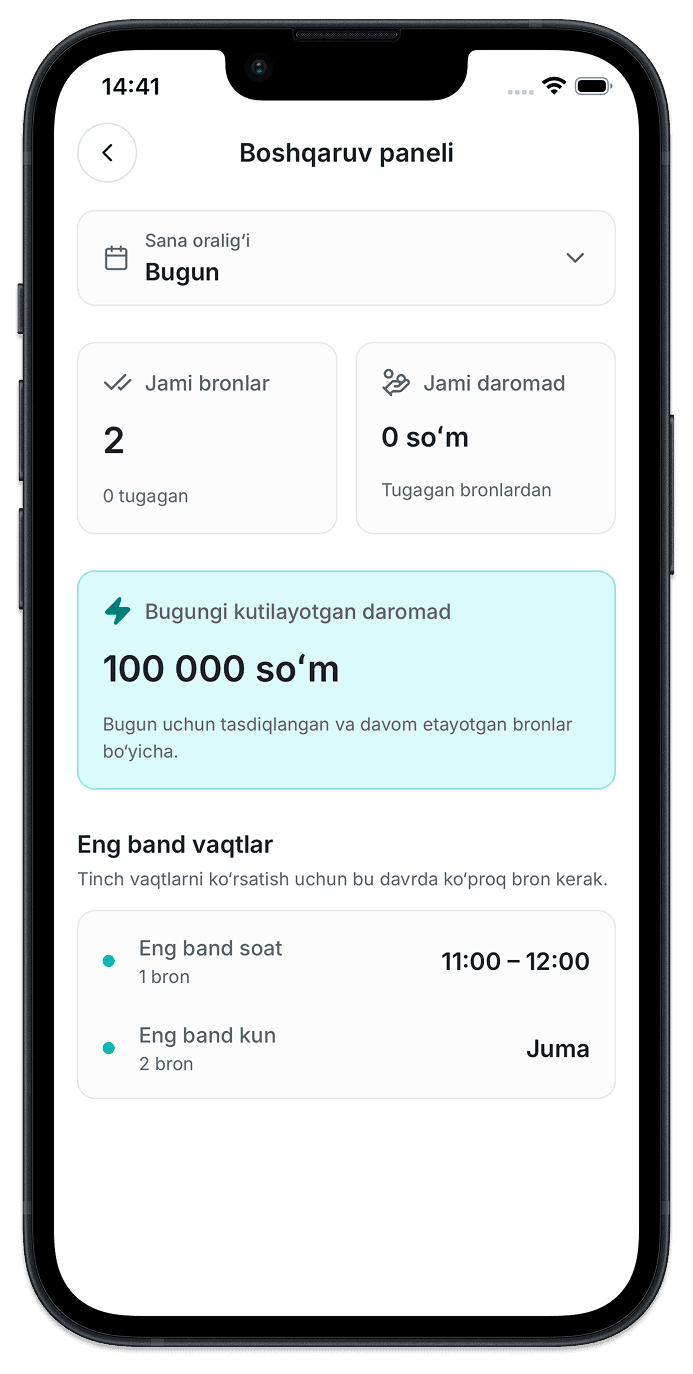 Xizmat business dashboard - statistika ekrani